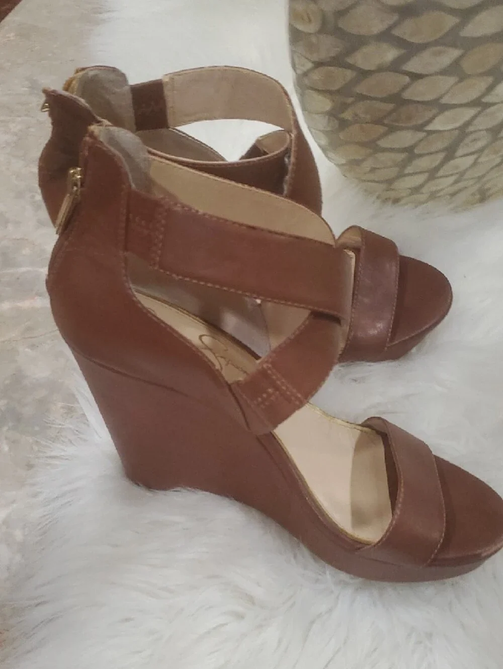 Jessica Simpson Brown Leather Crisscross Strap Wedge Heels Size 9 - Picture 13 of 15